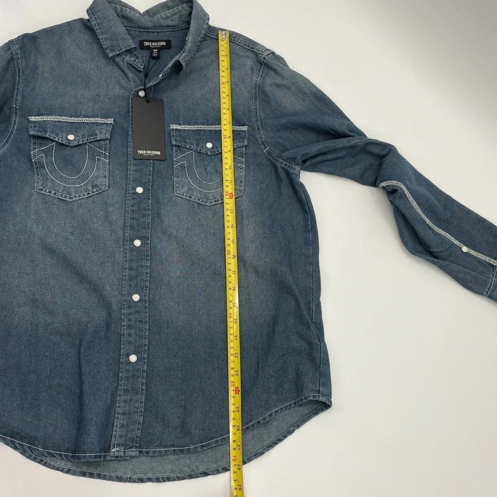 True Religion Mens Chambray Western Snap Shirt Buddha Logo Blue 700701 Small NWT